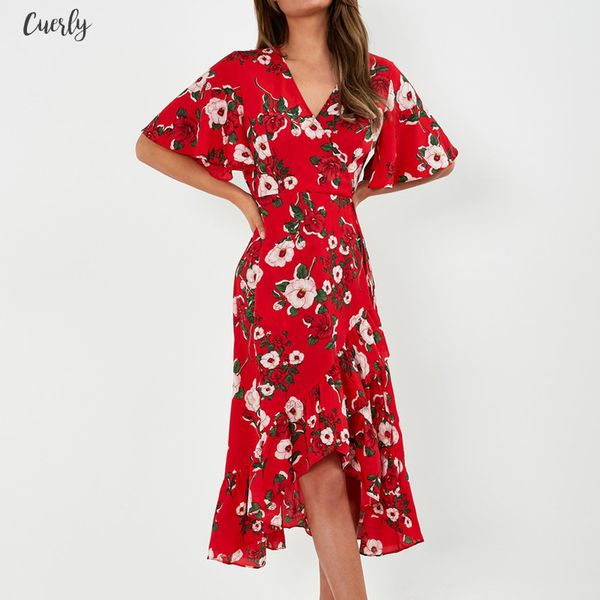 

2020 women floral print chiffon beach dress slit v neck wrap party long dress elegant vintage ruffles casual summer dress, Black;gray