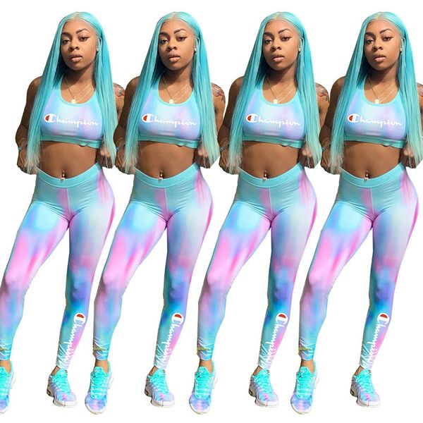 

gradient women champions tracksuit sports bra crop pants leggings 2 piece set sleeveless bras outfits exercise sportswear 4 color a3121, White