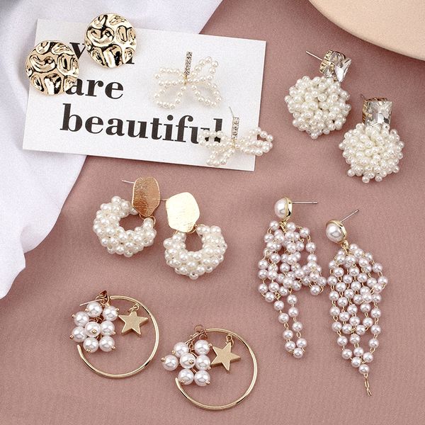 

2019 new fashion pearl tassel earrings for women beads hand knitted bow dangle drop earrings geometric irregular circle earring, Silver