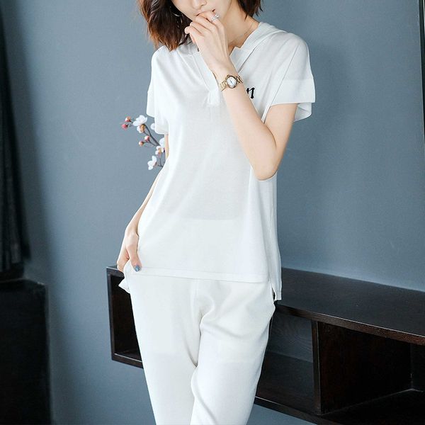 

backlakegirls ice silk knitted sports suit women's summer 2020 casual hoodies white hooded sports suit two-piece thin, White;black