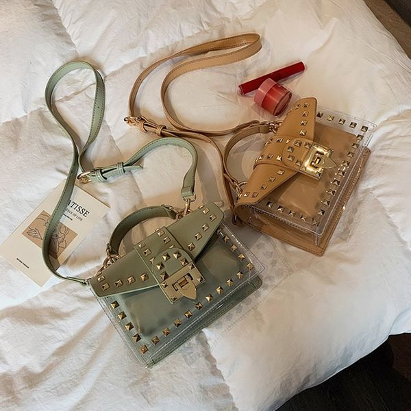 

jhd-women messenger bags pu+pvc transparent jelly bag summer girl fashion rivet chains beach shoulder bag flap
