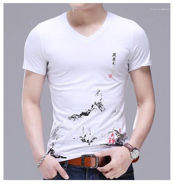 

печать тройники с коротким рукавом v шеи одежда mens вскользь tops mens конструктора футболки floral, White;black