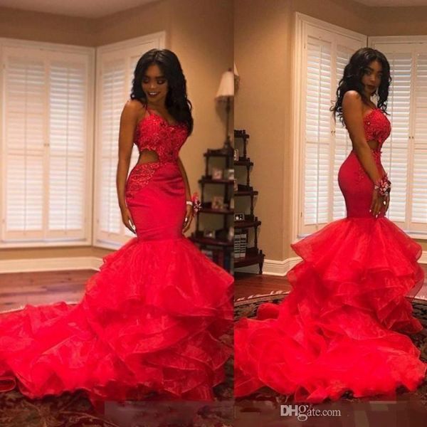 

2020 new organza tiered long mermaid prom dresses cutaway sides applique spaghetti straps evening party gowns for women, Black