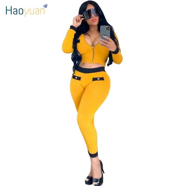 

haoyuan two piece set women crop and pants tracksuit 2020 spring clothes sweat suits 2 piece club outfits matching sets, White