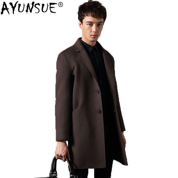 

ayunsue double-sided 100% wool coat men spring autumn long jacket korean windbreaker mens coats overcoat abrigo hombre kj1573, Black