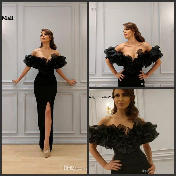 

black off shoulder mermaid evening dress 2019 plus size front split yousef aljasmi african formal prom dresses, Black;red
