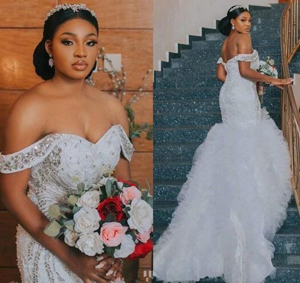 

арабский aso ebi plus размер русалки свадебные платья 2021 роскошные хрустальные из бисера оборки часовня поезд африканский сад свадебные пл, White