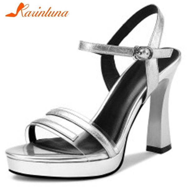 

karin 2020 new design genuine leather strange style summer sandals woman shoes platform buckle strap high heels shoes women, Black