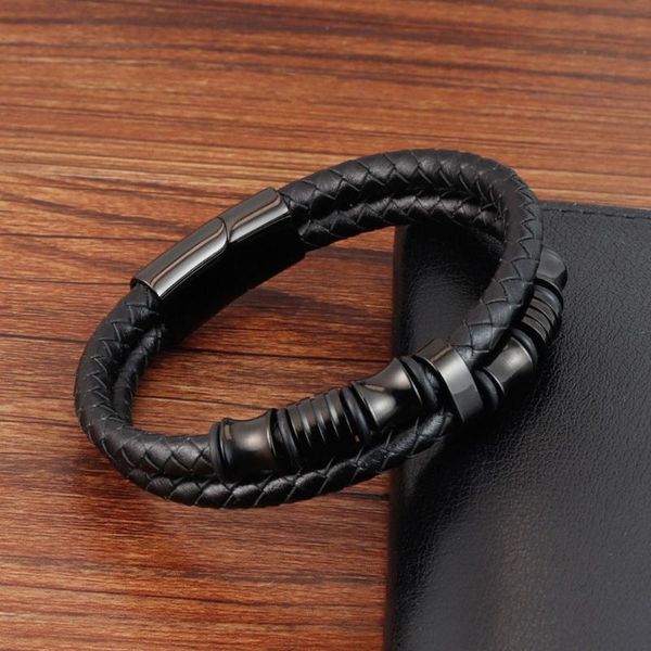 

men's jewelry black leather cord stainless steel wristband bracelet double woven handmade multilayer bracelet, Golden;silver