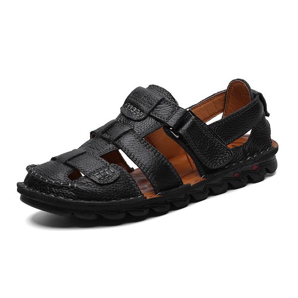 

comfortable handmade men sandals genuine leather soft summer men's shoes retro sewing casual beach shoes big size 38-46, Black