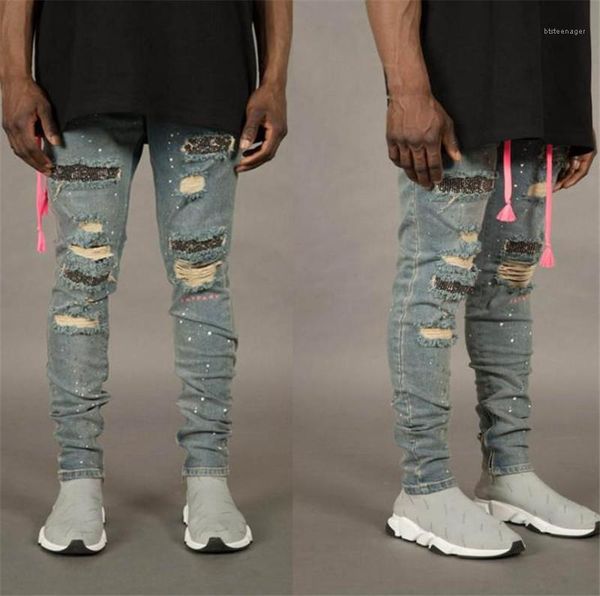 

burrs pencil pants fashion skinny elastic washed summer casual mid waist jeans mens clothing mens sequins hole, Blue