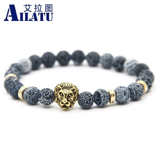

ailatu new design jewelry wholesale 8mm weathering onyx stone ferocious lion head bracelets, Golden;silver
