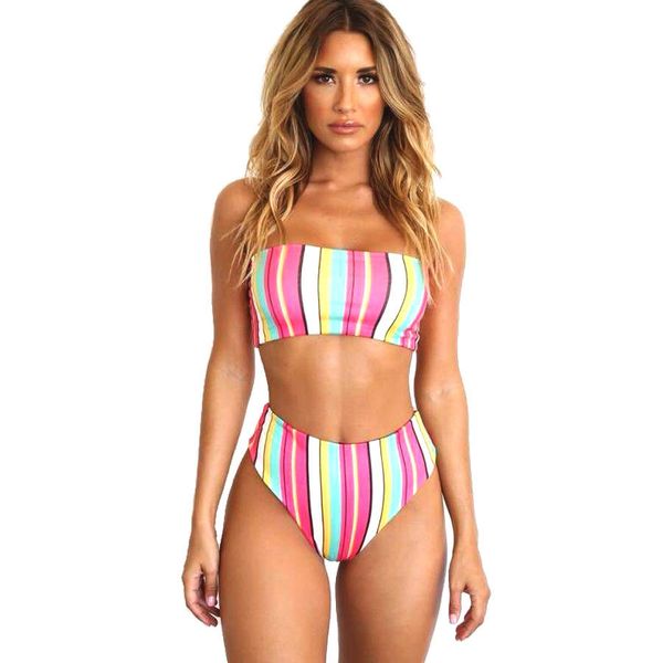 

swimsuit 2019 new women push-up padded bra bandage swimsuit set seamless strapless print bra +panties brief sets, Red;black