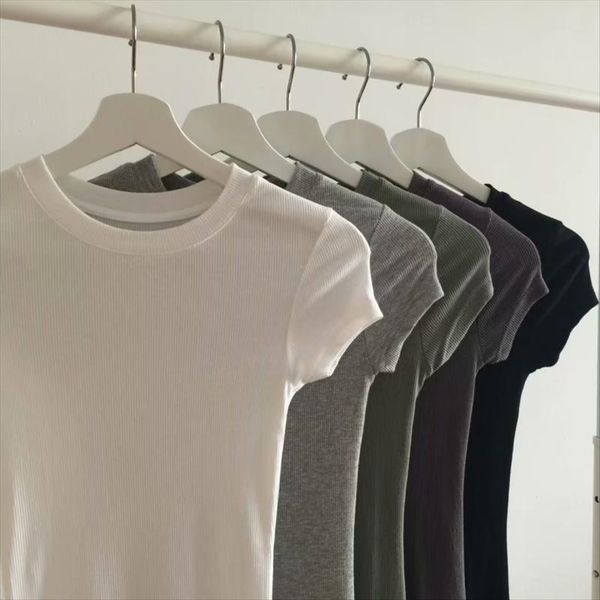 

cotton tight base skinny thread elastic wrap chest big short sleeve small round collar t-shirt female, White