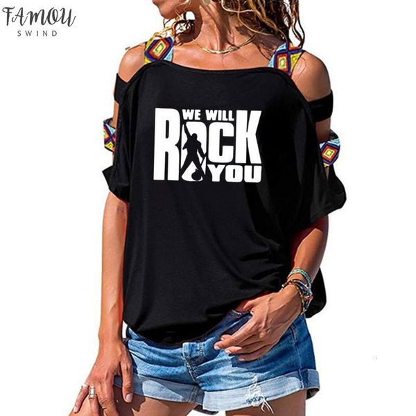 

we will rock you women t shirt summer queen rock band t shirt short sleeve cotton roll womens hollow, White