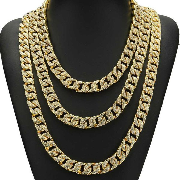 

hip hop full rhinestones iced out cuban miami link chain necklace men gold silver bling rapper necklaces male hiphop jewelry, Black