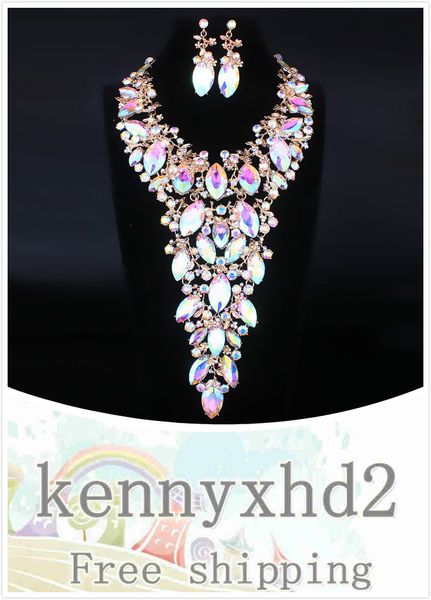 

luxurious full diamond crystal exaggerated necklace earrings two-piece african wedding jewelry, Silver