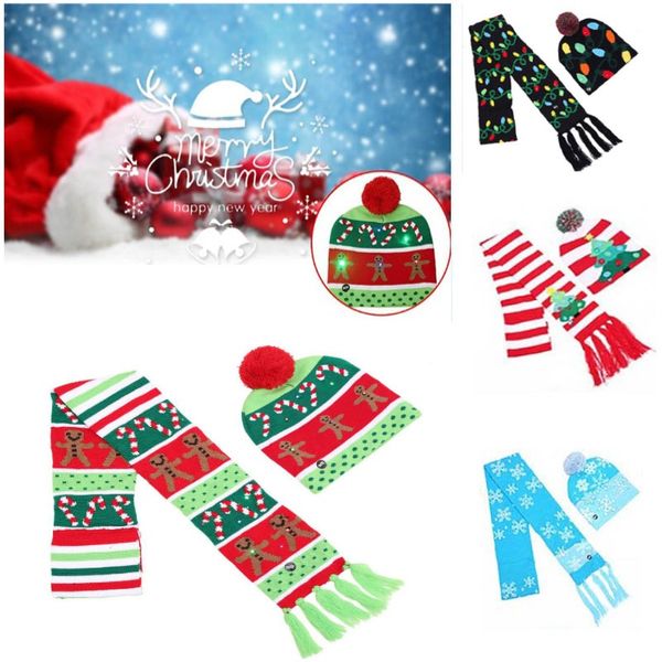

led christmas knitted hat scarf set flashing light beanie scarves kit cap for snowflake elk reindeer xmas tree party props gifts fa2326