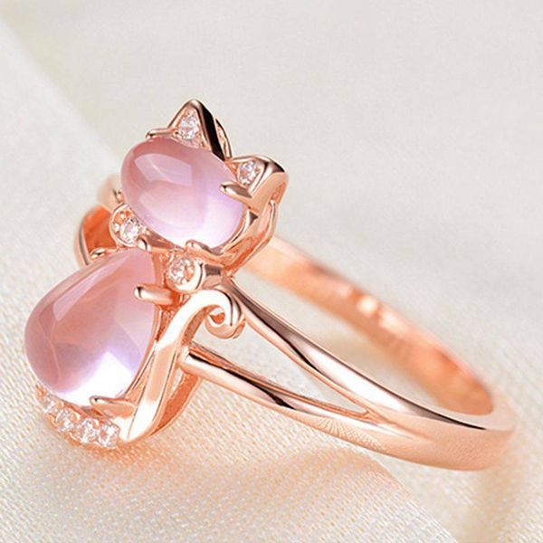 Atacado-animal rosa cor ouro cor anel para mulheres meninas rosa cristal pedra gatinho anel de dedo aberto ajustável jóias presentes anillos