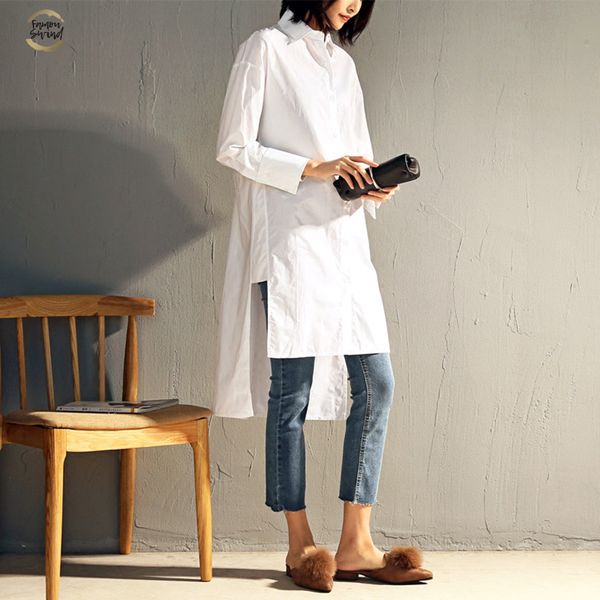 

long blouse women 2019 casual irregular hem full long sleeve drop shoulder loose cotton white female brief blue long sleeve shirts