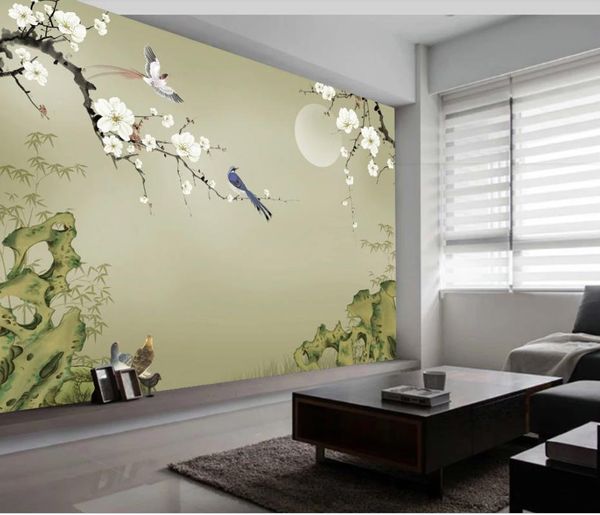 papéis de parede personalizados 3d folha Novo Chinês estilo pintados à mão de pedra bambu ameixa Fundo da flor da decoração da parede pintura