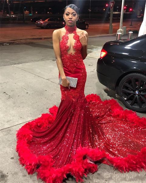 

red mermaid prom dresses 2020 feather halter neck vintage lace sequined lace african arabic formal party dress evening wear, Black