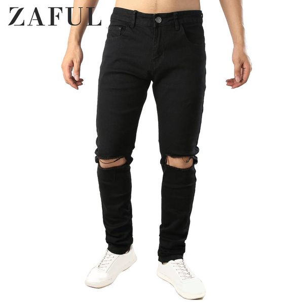 

zaful destroy hole solid color long straight jeans for men mid waist zipper long denim ripped pants autumn spring, Blue