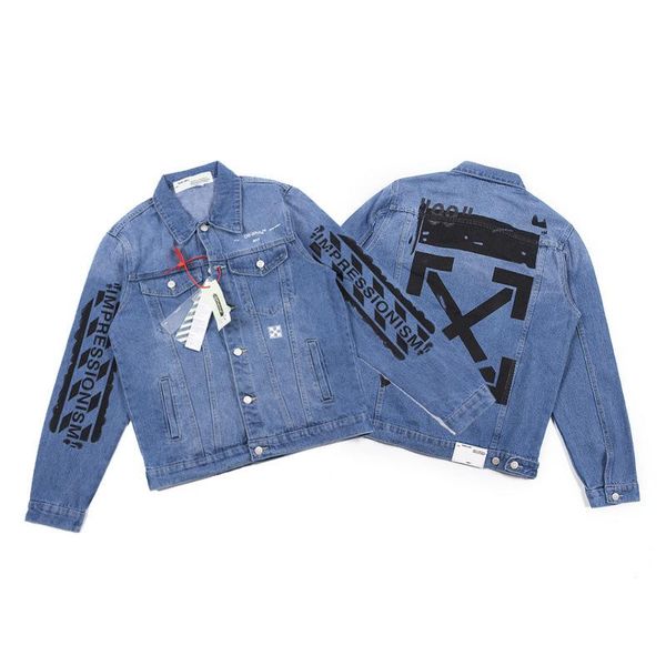 

женская джинсовая куртка европейский и американский бренд tide белый чистый хлопок стрелка печати одной пряжки лацкан мода отделка ден, Black;brown