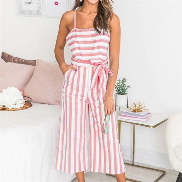 

szyadeou women striped pocket belt tie up fit strappy wide leg long jumpsuit playsuit body damskie body mujer elegante y*, Black;white