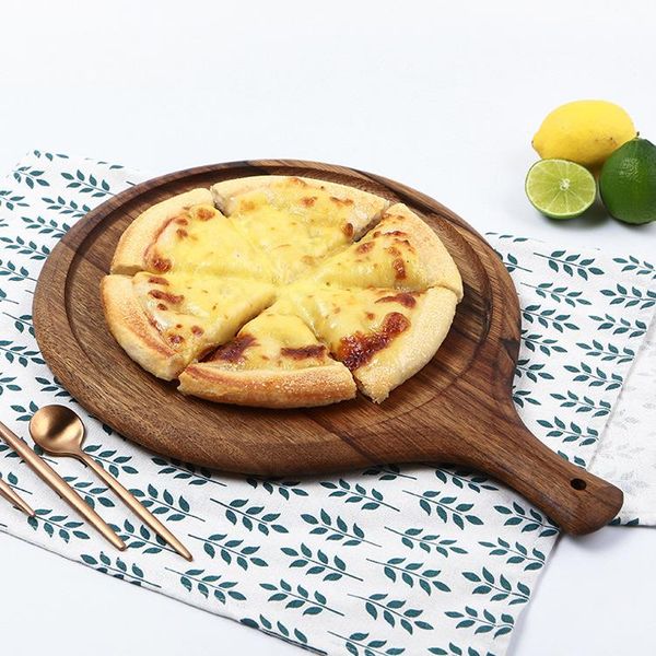 

round acacia wooden pizza board bread cheese breakfast cutting board with handle