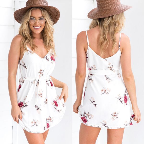 

women boho holiday strappy floral mini dress beach sundress party short dress sleeveless 2018 summer style, Black;gray