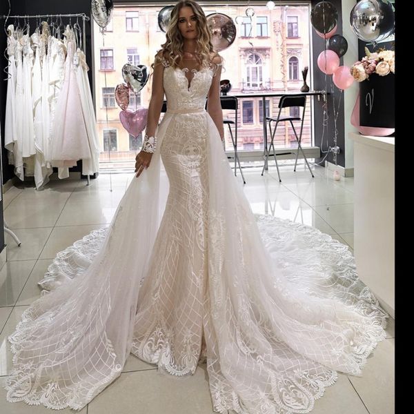 

sheer neck long sleeve mermaid wedding dresses with detachable train 2019 high-end lace applique cathedral train princess wedding gown, White