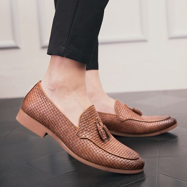 

pointed-toe leather shoes men's tassels business woven pattern casual cloth locke leather shoes size  11 12 45 46 47, Black