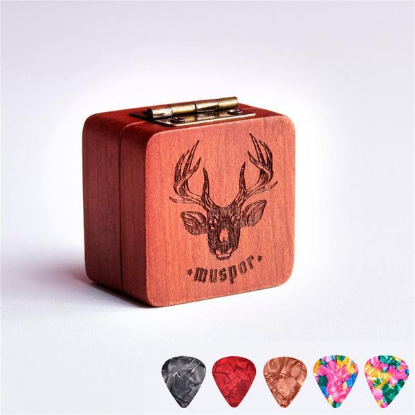 

wooden pick box storage with 5pcs guitar picks for electric guitar bass ukulele