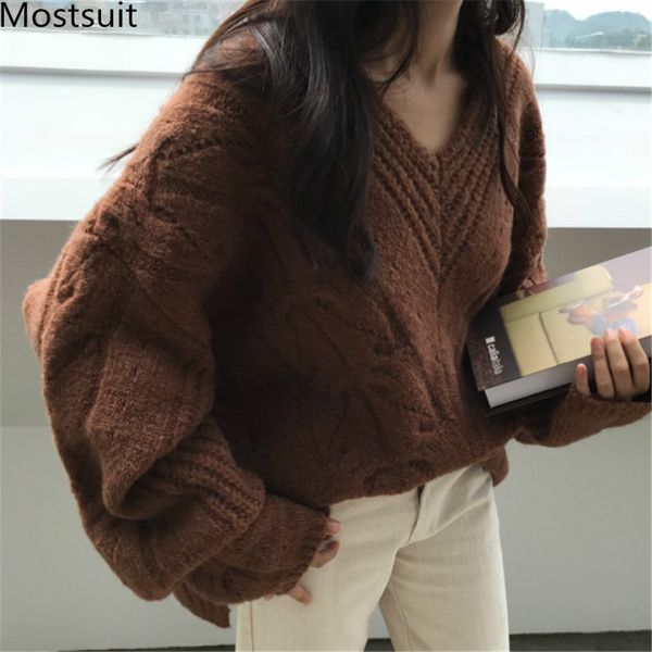 

сгущает корейский solid v-образным вырезом вязание свитера пуловеры женщины с длинным рукавом сыпучие корейский крупногабаритные теплое топы, White;black