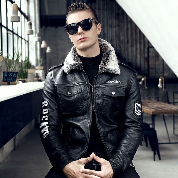 

gustomerd 2019 new men's jacket casual plus velvet long-sleeved leather jacket solid color zipper slim men, Black;brown