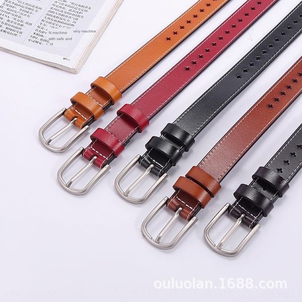 

genuine and pin jeans leather women's casual versatile pin buckle hollow cowhide belt women's decorative jeans belt, Black;brown