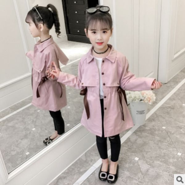 

girls bow trench coat 2019 new spring/autumn children's 2 solid colors windbreaker single-breasted size110-160 kids4-14 ly243, Blue;gray