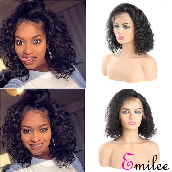 

emilee 150/180 density malaysian remy hair short curly bob lace wig for women transparent lace bob wig 12 inch, Black;brown