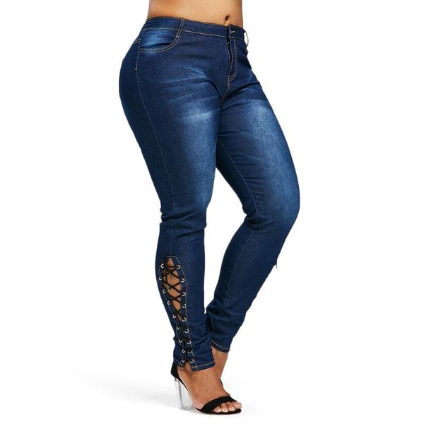

rosegal plus size zipper side lace up jeans skinny high waist pockets denim pant women jeans pencil pants trousers big size, Blue