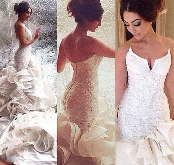 Yeni Katedral Tren Sevgiliye Boncuklu Dantel Ruffles Mermaid Plaj Gelinlik Backless Lüks Sparkly Trompet Gelinlikler Berta 2042