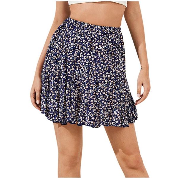 

plus size  sweet women summer boho floral print layer ruffles short pleated skirt evening party beach mini skirt, Black