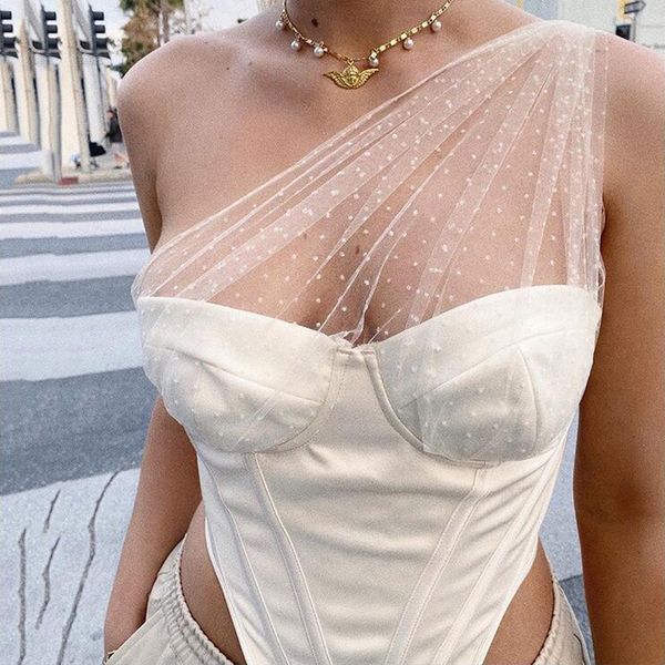 

mesh crop 2020 summer see through polka dot padded cropped women sleeveless one shoulder corset bustier boned tank top, White