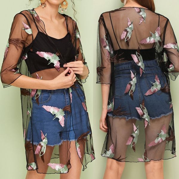 

jaycosin мода женское пальто марля рубашка кардиган v-образным вырезом половина рукава трикотажные перспектива вышивка досуг тонкое пальто d, Black;brown