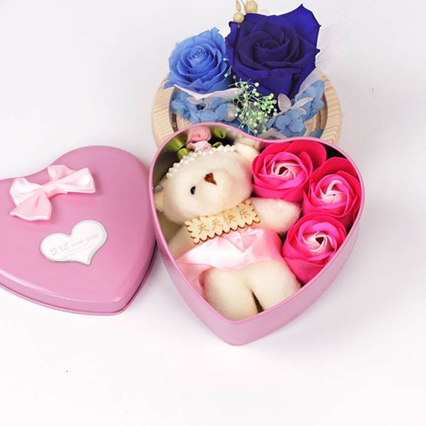 

3pcs scented rose flower petal heart shape gift box with bear bath body soap gift wedding party favor