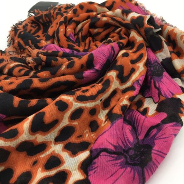 

wholesale-new design orange color cotton material print leopard floral long scarves pashmina scarf for women big size 190cm-110cm, Blue;gray