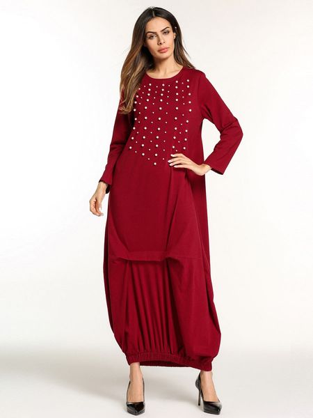 

plus size muslim fashion dress imitated pearls long sleeve beading vintage maxi muslim islamic dubai arab party abaya dress eid, Red