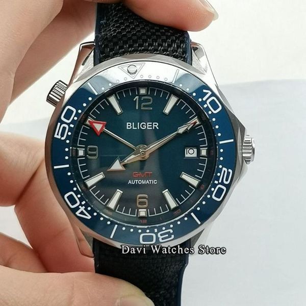 

bliger/sterile 41mm men's watch blue dial gmt mechanical watch ceramic bezel silver case crown man automatic, Slivery;brown
