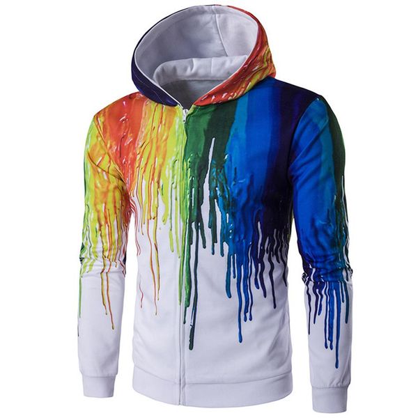 

new plus size men fashion ink splash paint zip hooded cardigan hoodie coat, Black