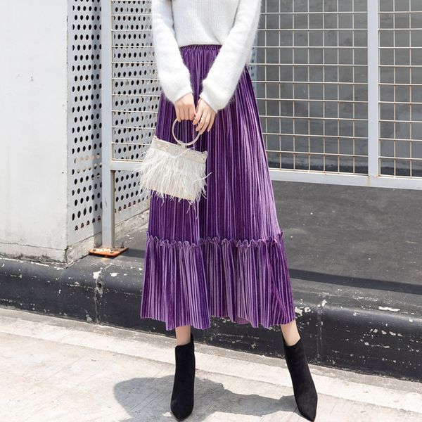 

half-length pleated skirt autumn winter high waisted casual velvet skirt fashion female pleated skirts maxi pleated skirt 11.29, Black